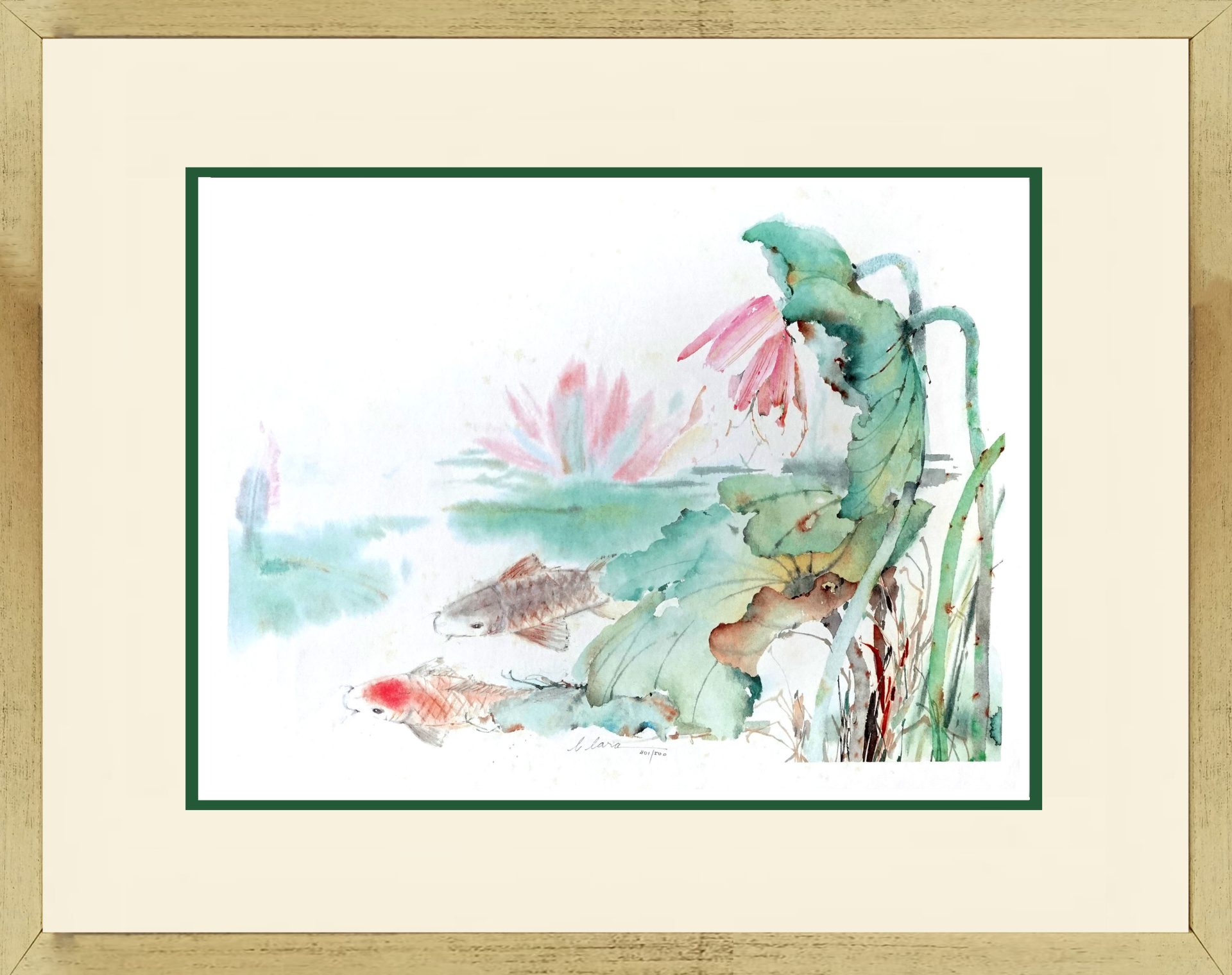 Watercolour Painting of Lotus Pond w/Carps Koi Fish Lily Flowers A